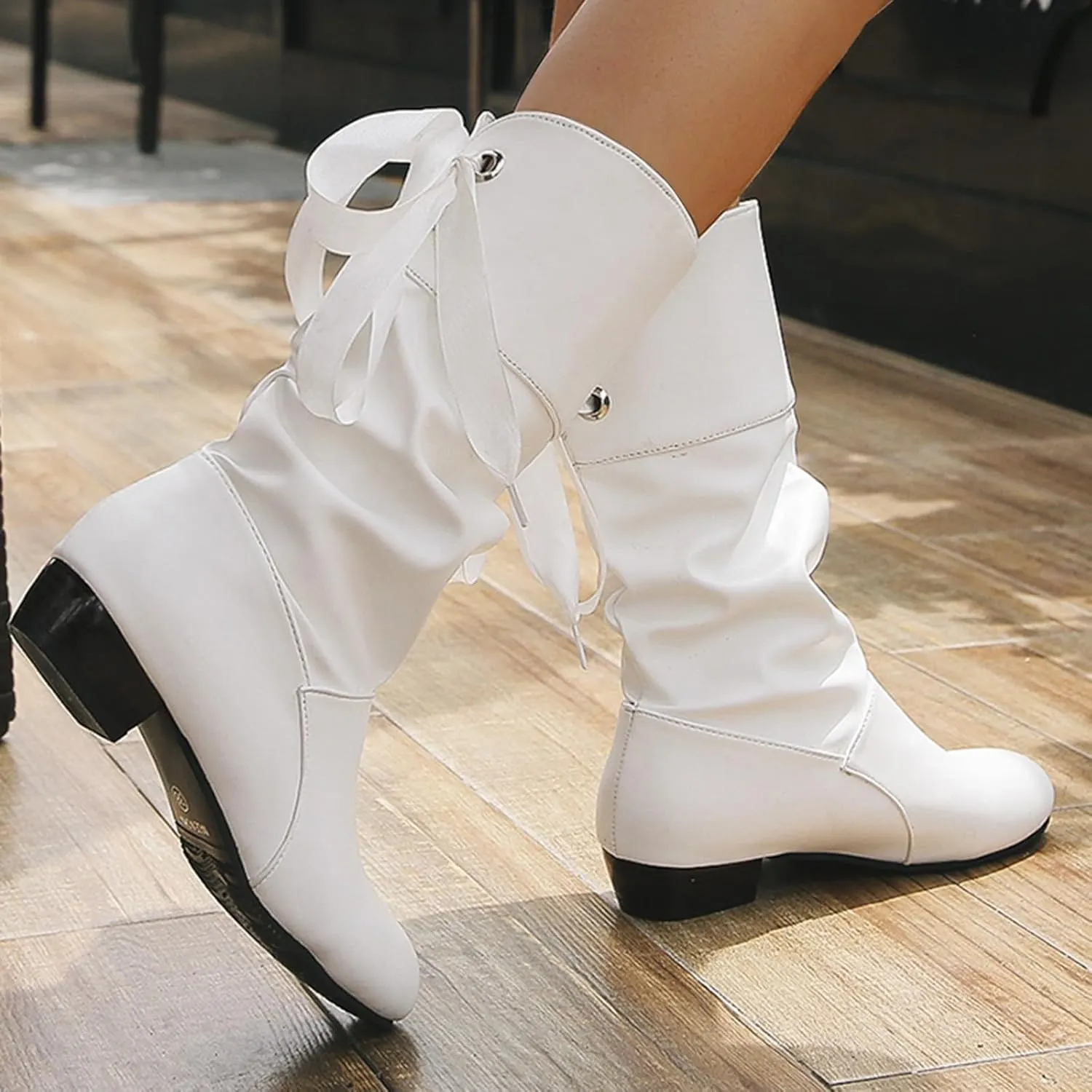 Mid Calf Boots for Women Low Heel,Casual Pull On Faux Leather Boots Fashion Lace Up Biker Boots Comfy Walking Shoes