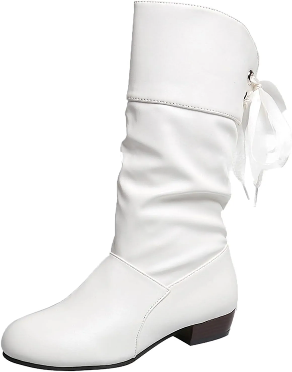Mid Calf Boots for Women Low Heel,Casual Pull On Faux Leather Boots Fashion Lace Up Biker Boots Comfy Walking Shoes