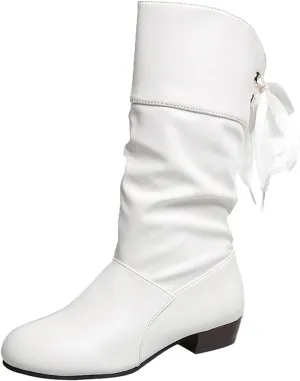 Mid Calf Boots for Women Low Heel,Casual Pull On Faux Leather Boots Fashion Lace Up Biker Boots Comfy Walking Shoes