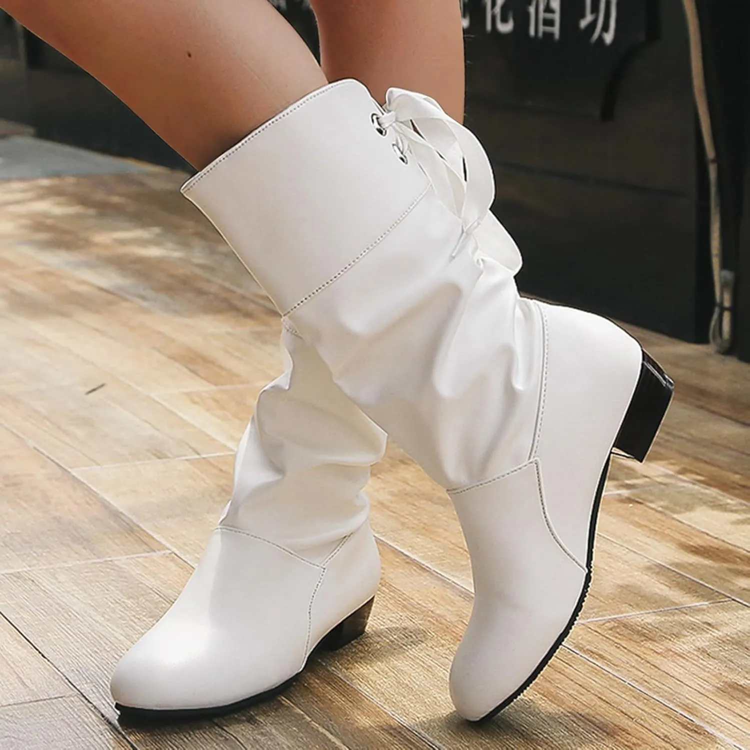 Mid Calf Boots for Women Low Heel,Casual Pull On Faux Leather Boots Fashion Lace Up Biker Boots Comfy Walking Shoes