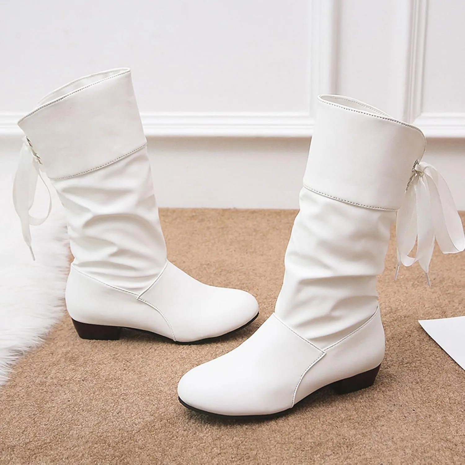 Mid Calf Boots for Women Low Heel,Casual Pull On Faux Leather Boots Fashion Lace Up Biker Boots Comfy Walking Shoes