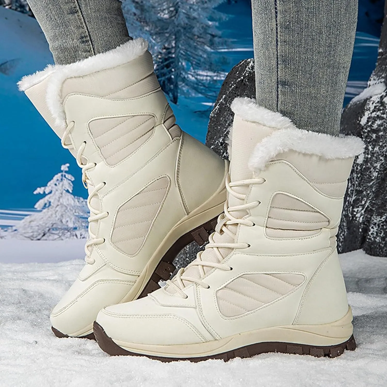 Mid Calf Snow Boots for Women Fleece Lined Warm Winter Boots Lace Up Non Slip Boots Vintage High Top Winter Snow