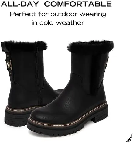 Nautica Women Fur Chelsea Boots Winter Platform Chunky Low Heel Microsuede Comfortable & Slip Resistant Ankle Mid Calf Boots for Ladies