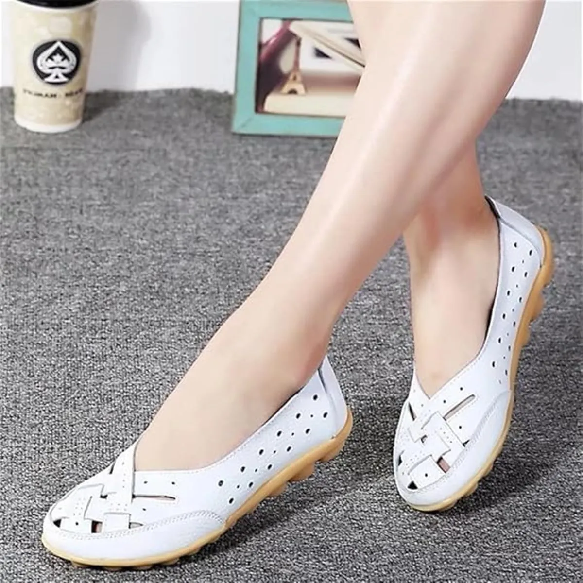 Orthopedic Loafers in Breathable Leather,Womens Casual Soft Sole Hollow Slip On Flat Shoes,Fashion Closed Toe Boat Shoes