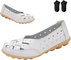 Orthopedic Loafers in Breathable Leather,Womens Casual Soft Sole Hollow Slip On Flat Shoes,Fashion Closed Toe Boat Shoes