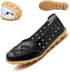 Orthopedic Loafers in Breathable Leather,Womens Casual Soft Sole Hollow Slip on Walking Shoes,Closed Toe Flat Boat Shoes