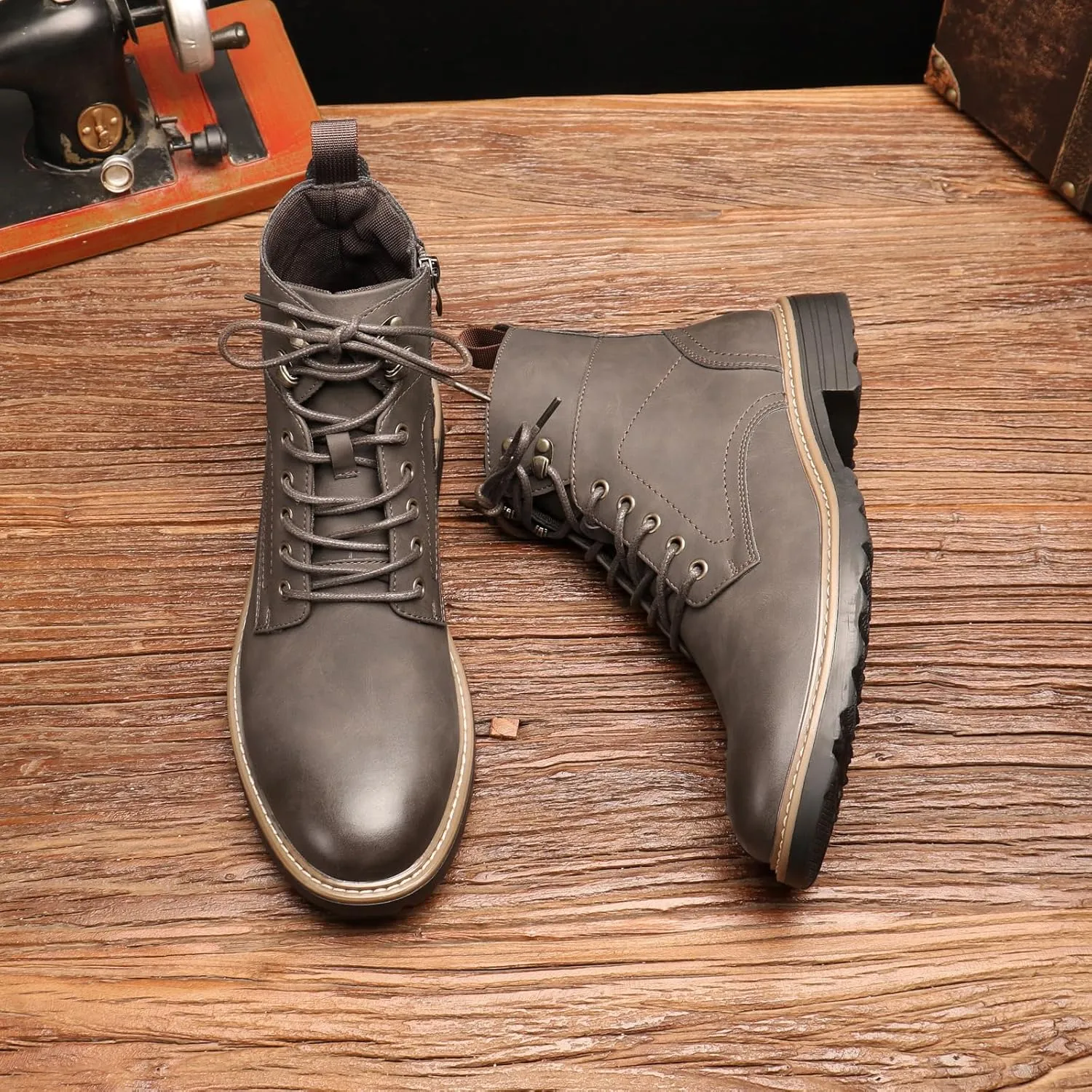 Retro Women Black Lace-up Combat Boots Leather Classic Low Block Chukka Ankle Boots for Women