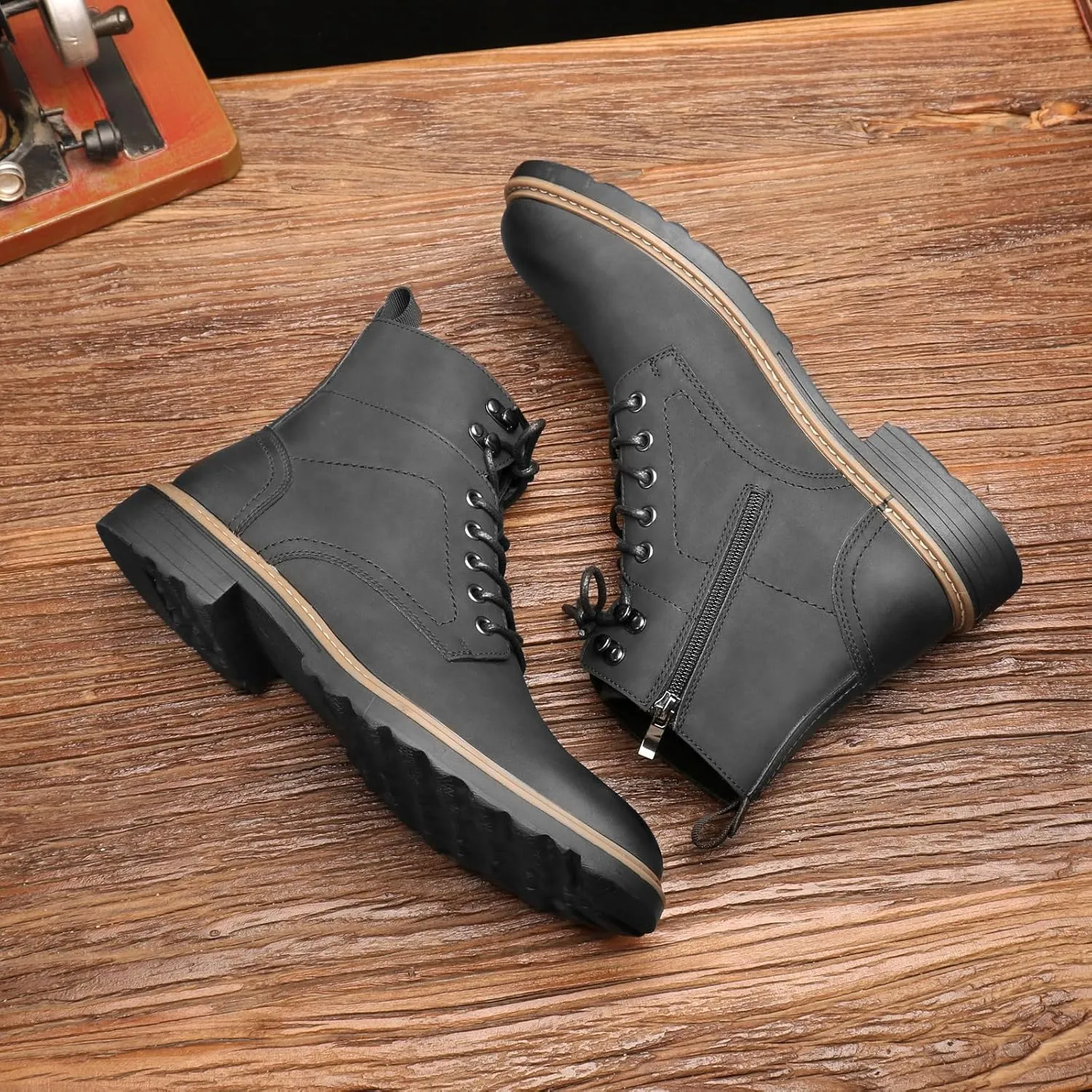 Retro Women Black Lace-up Combat Boots Leather Classic Low Block Chukka Ankle Boots for Women