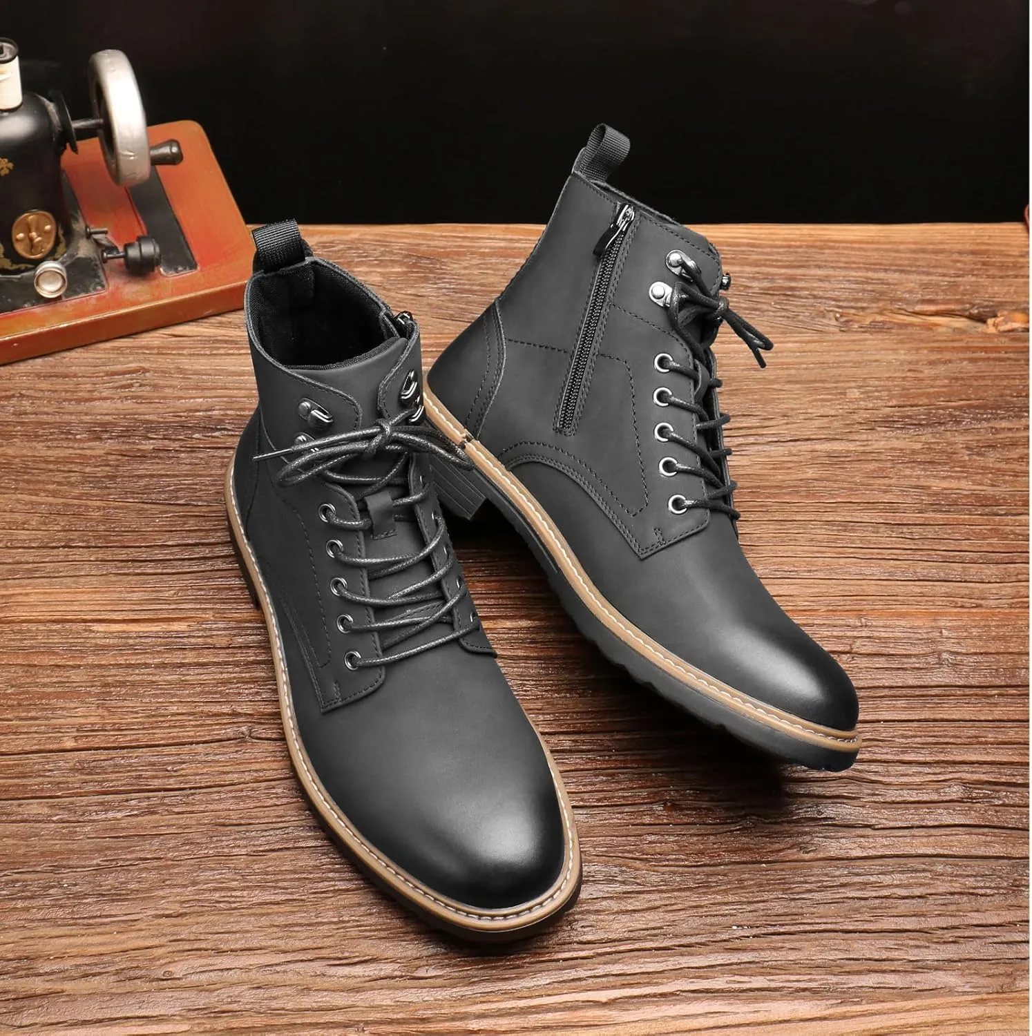 Retro Women Black Lace-up Combat Boots Leather Classic Low Block Chukka Ankle Boots for Women