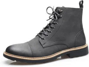 Retro Women Black Lace-up Combat Boots Leather Classic Low Block Chukka Ankle Boots for Women
