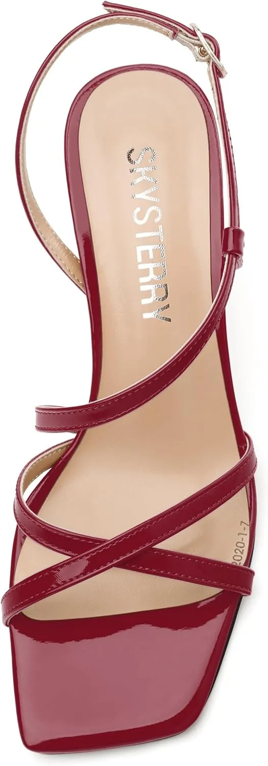 SKYSTERRY Women's Mid Kitten Strappy Sandals Square Open Toe Ankle Buckle Slingback Patent Heels Sexy Dress Wedding Party Daily-Life Shoes For Women 2.5 Inch