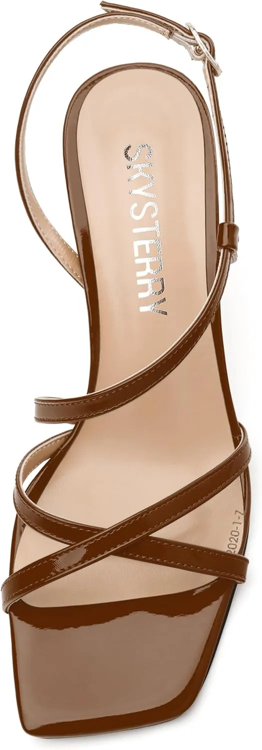 SKYSTERRY Women's Mid Kitten Strappy Sandals Square Open Toe Ankle Buckle Slingback Patent Heels Sexy Dress Wedding Party Daily-Life Shoes For Women 2.5 Inch
