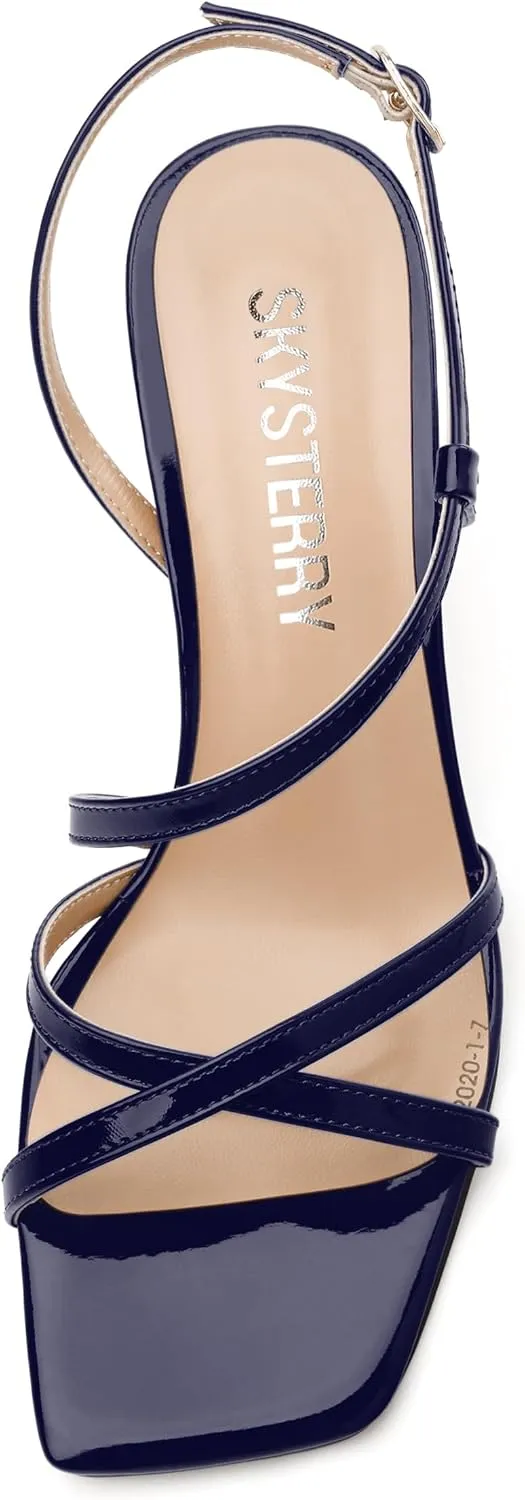 SKYSTERRY Women's Mid Kitten Strappy Sandals Square Open Toe Ankle Buckle Slingback Patent Heels Sexy Dress Wedding Party Daily-Life Shoes For Women 2.5 Inch