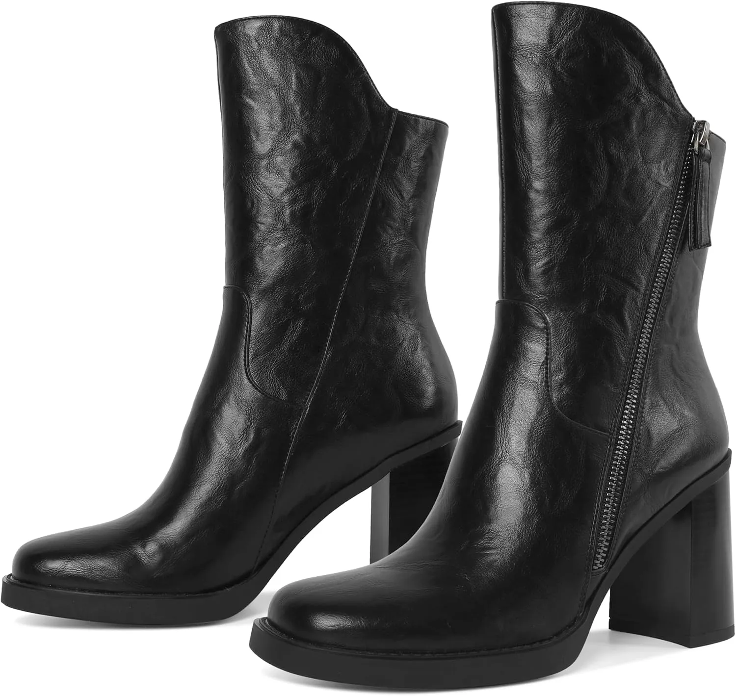 Soireelady Women's Gogo Boots Platform Mid Calf Chunky Heel Square Toe Side Zipper Heeled Booties 3.5 Inch