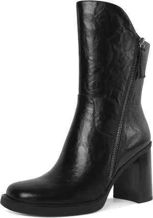 Soireelady Women's Gogo Boots Platform Mid Calf Chunky Heel Square Toe Side Zipper Heeled Booties 3.5 Inch