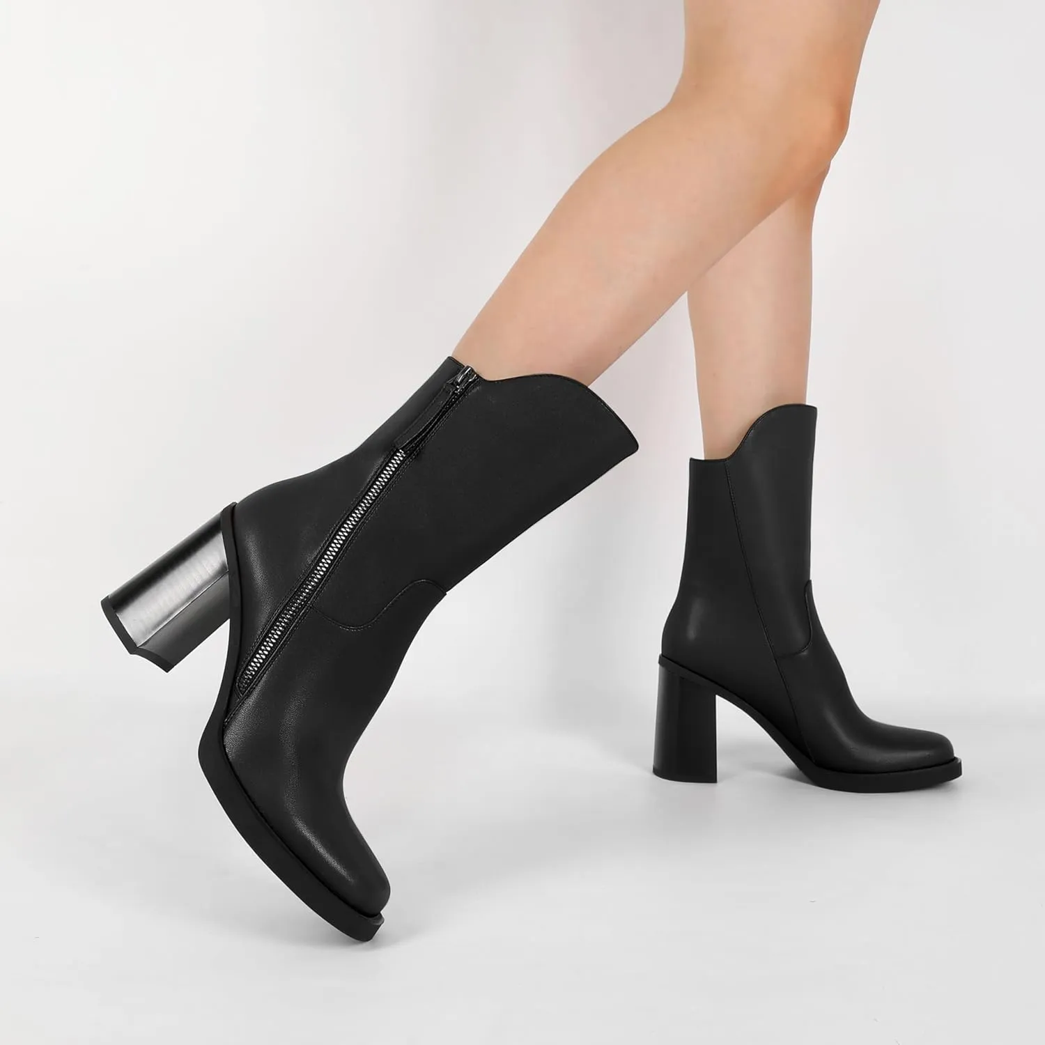 Soireelady Women's Gogo Boots Platform Mid Calf Chunky Heel Square Toe Side Zipper Heeled Booties 3.5 Inch