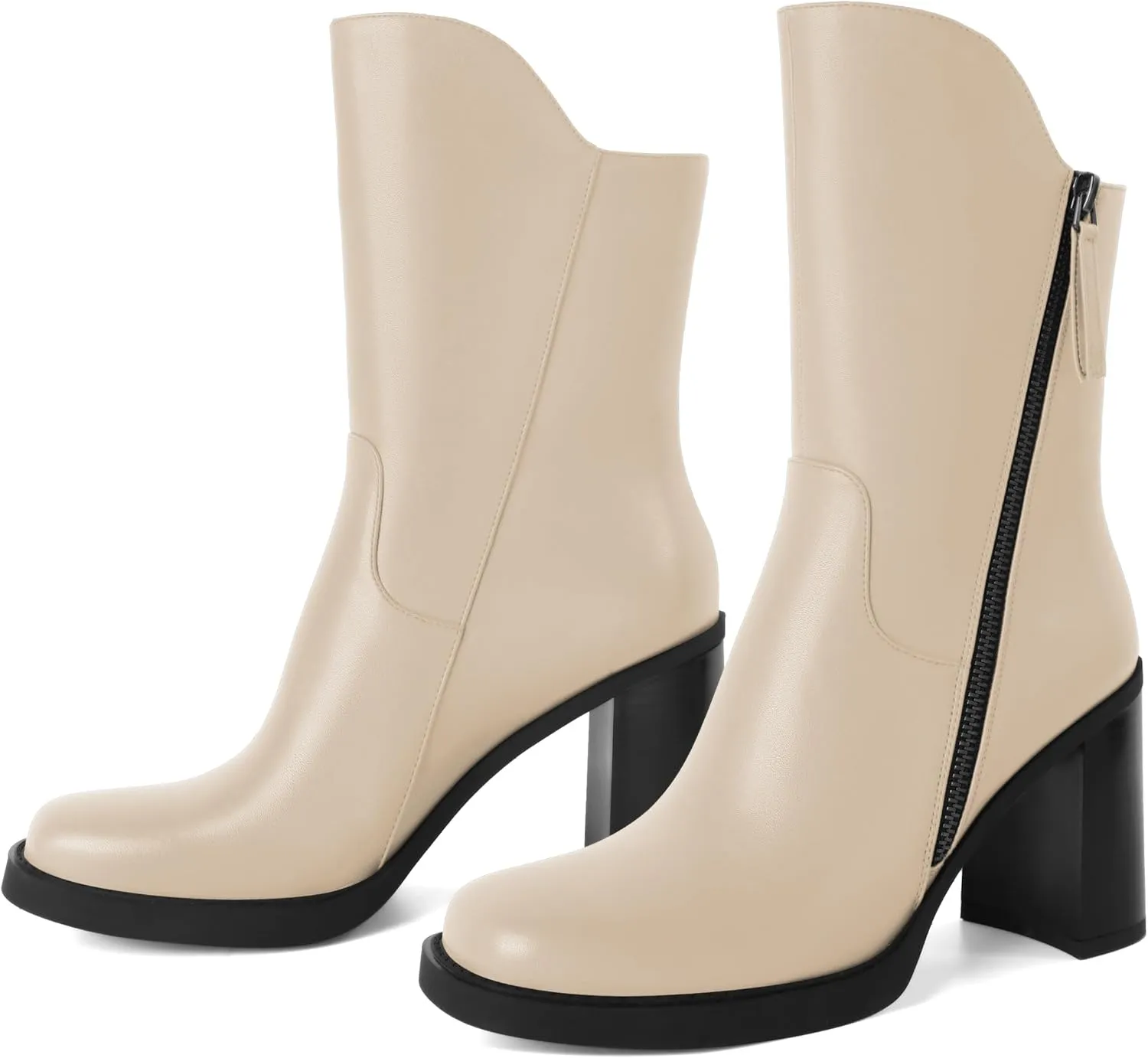 Soireelady Women's Gogo Boots Platform Mid Calf Chunky Heel Square Toe Side Zipper Heeled Booties 3.5 Inch