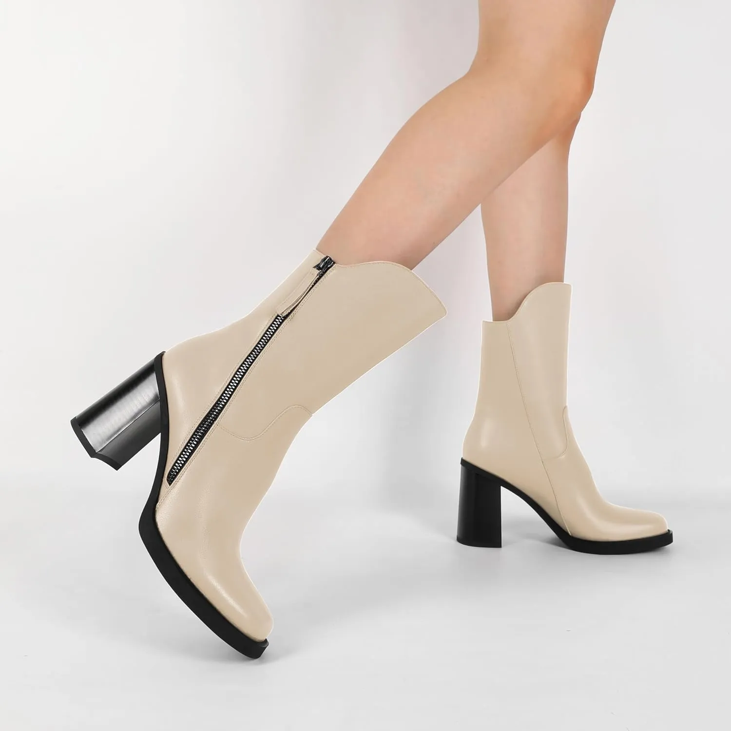 Soireelady Women's Gogo Boots Platform Mid Calf Chunky Heel Square Toe Side Zipper Heeled Booties 3.5 Inch