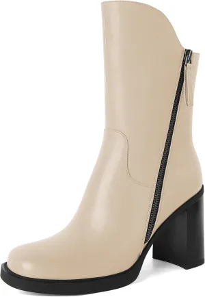 Soireelady Women's Gogo Boots Platform Mid Calf Chunky Heel Square Toe Side Zipper Heeled Booties 3.5 Inch