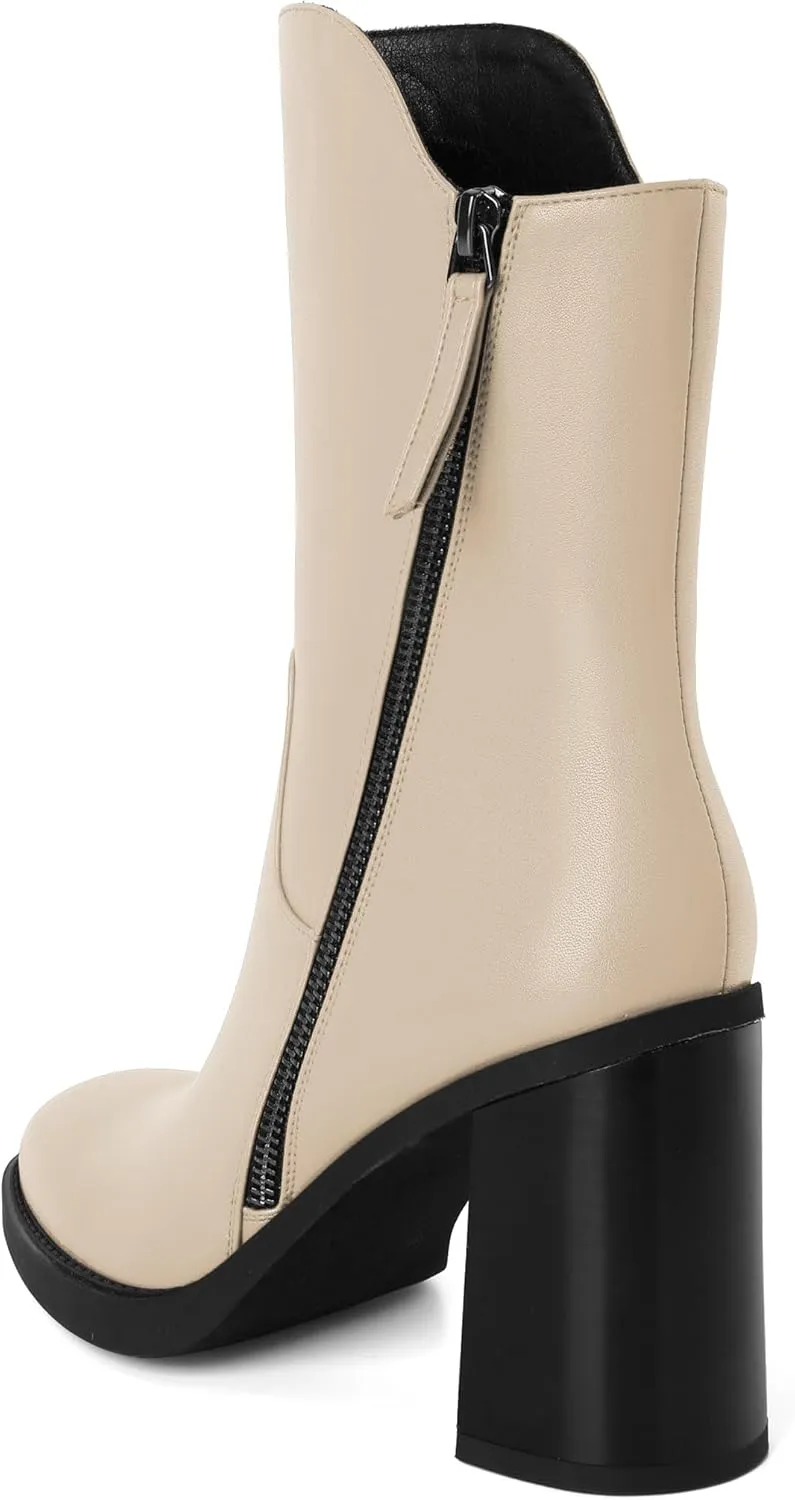 Soireelady Women's Gogo Boots Platform Mid Calf Chunky Heel Square Toe Side Zipper Heeled Booties 3.5 Inch