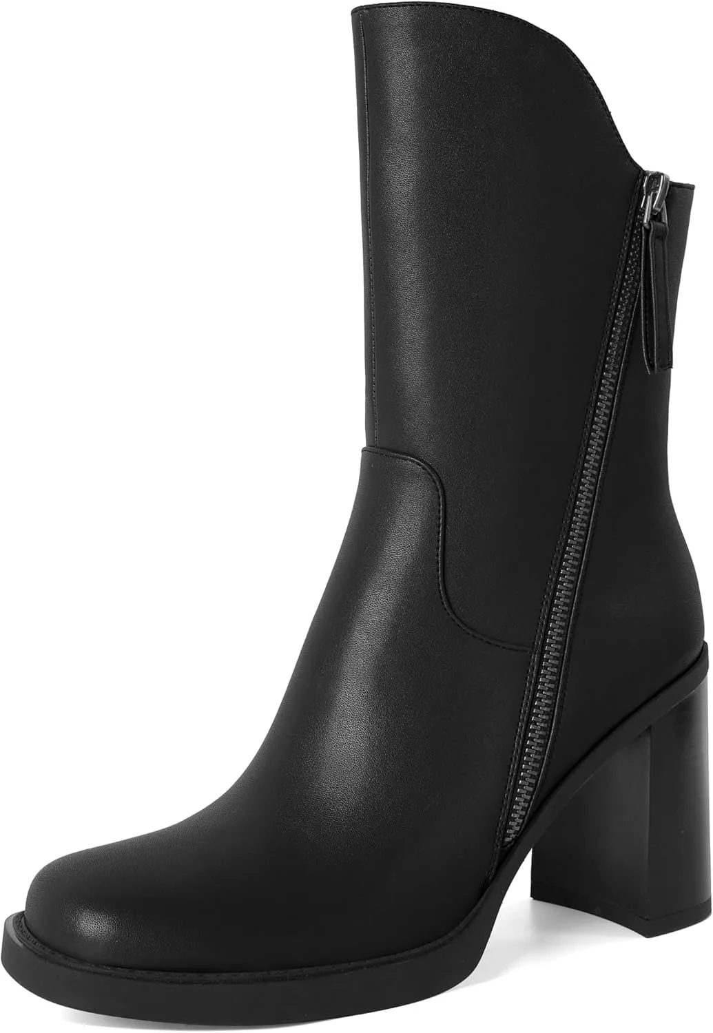 Soireelady Women's Gogo Boots Platform Mid Calf Chunky Heel Square Toe Side Zipper Heeled Booties 3.5 Inch