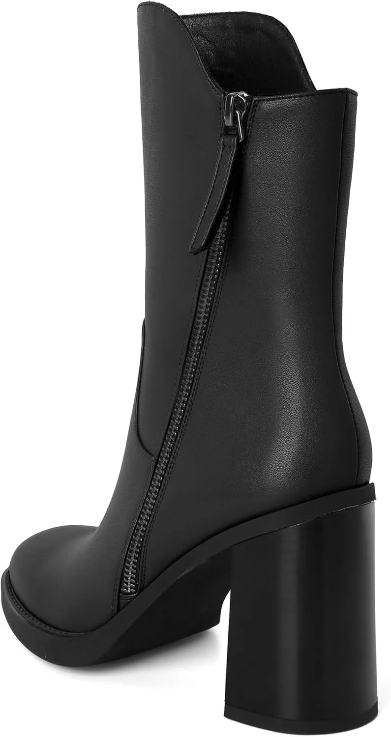 Soireelady Women's Gogo Boots Platform Mid Calf Chunky Heel Square Toe Side Zipper Heeled Booties 3.5 Inch