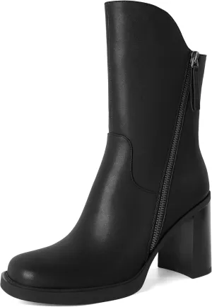 Soireelady Women's Gogo Boots Platform Mid Calf Chunky Heel Square Toe Side Zipper Heeled Booties 3.5 Inch