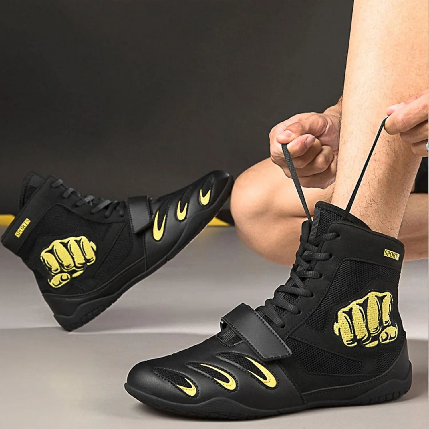 TECDOTO Men's Boxing Shoes Fighting Sports Master Training Ringer Shoes Boxing Trainers Sports Fitness Shoes Lightweight Bodybuilding Weightlifting MMA Shoes,Black-12