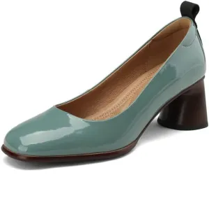 TinaCus Glossy Patent Leather Women's Round Toe Handmade Chunky Heels Trendy Pumps Shoes