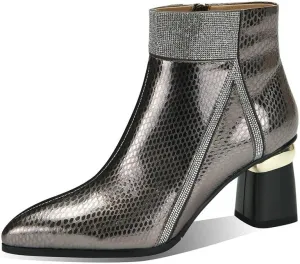 TinaCus Handmade Women's Genuine Leather Printed Glossy Side Zipper Pointed Toe Mid Chunky Heel Ankle Boots
