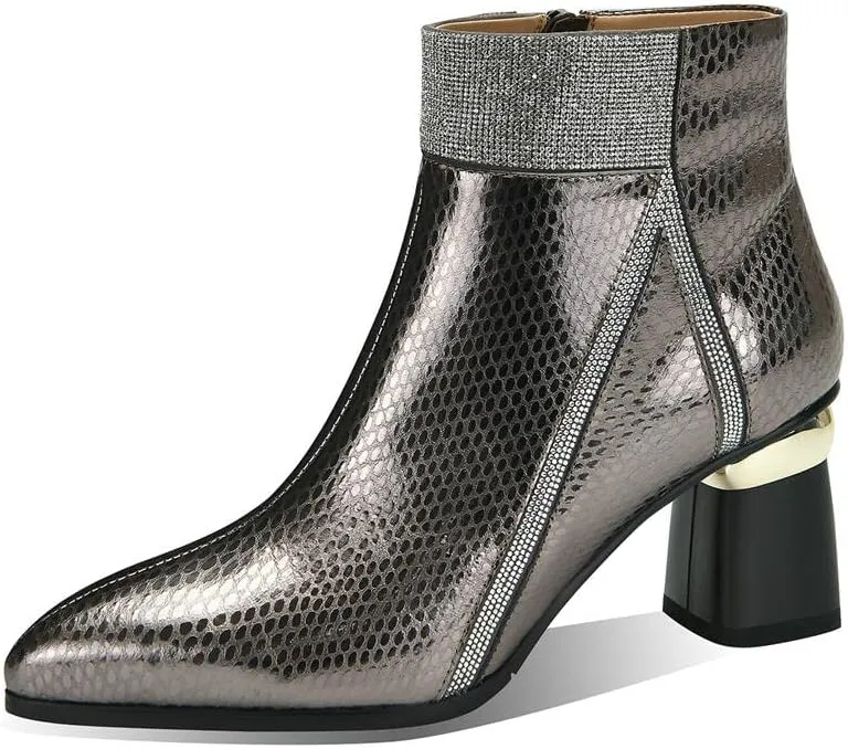 TinaCus Handmade Women's Genuine Leather Printed Glossy Side Zipper Pointed Toe Mid Chunky Heel Ankle Boots
