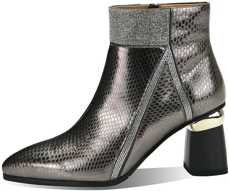 TinaCus Handmade Women's Genuine Leather Printed Glossy Side Zipper Pointed Toe Mid Chunky Heel Ankle Boots