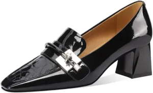 TinaCus Square Toe Glossy Patent Leather Handmade Mid Chunky Heels Women's Casual Loafers Shoes