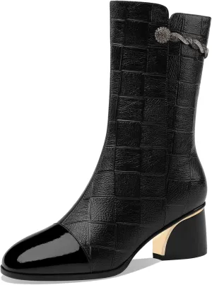 TinaCus Women's Handmade Leather Side Zip Up Rhinestone Decor Chunky Heel Mid-Calf Boots with Glossy Cap-Toe