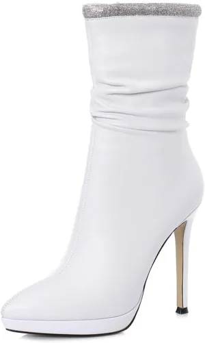TinaCus Women's Handmade Leather Spikes-Stiletto High Heel Platform Pointed Toe Side Zip Up Glitter Mid-Calf Boots