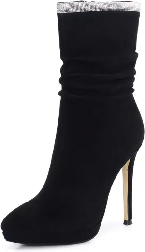 TinaCus Women's Handmade Leather Spikes-Stiletto High Heel Platform Pointed Toe Side Zip Up Glitter Mid-Calf Boots