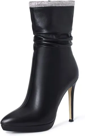 TinaCus Women's Handmade Leather Spikes-Stiletto High Heel Platform Pointed Toe Side Zip Up Glitter Mid-Calf Boots