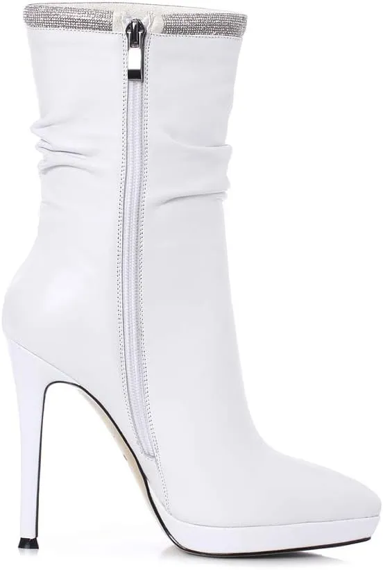 TinaCus Women's Handmade Leather Spikes-Stiletto High Heel Platform Pointed Toe Side Zip Up Glitter Mid-Calf Boots