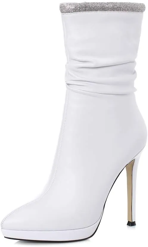 TinaCus Women's Handmade Leather Spikes-Stiletto High Heel Platform Pointed Toe Side Zip Up Glitter Mid-Calf Boots