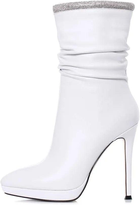 TinaCus Women's Handmade Leather Spikes-Stiletto High Heel Platform Pointed Toe Side Zip Up Glitter Mid-Calf Boots