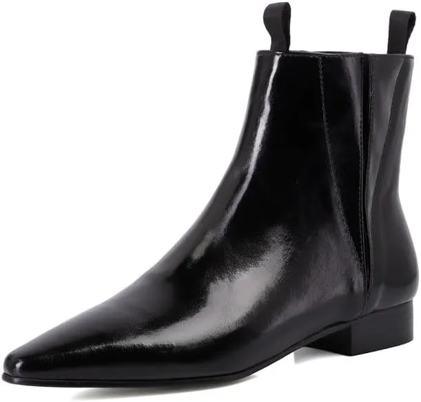 TinaCus Women's Pointed Toe Glossy Genuine Leather Handmade Slip On Chic Flat Ankle Boots