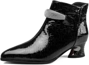 TinaCus Women's Pointed Toe Glossy Patent Leather Handmade Zipper Low Chunky Heels Casual Ankle Boots