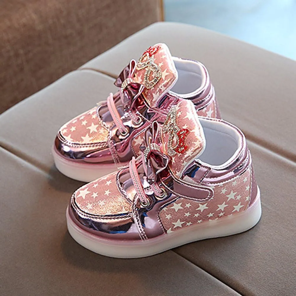 Toddler Baby Girls LED Light Up Shoes Cute Kids Star Flashing High Top Sneakers Little Girl Fashion Non Slip Boots