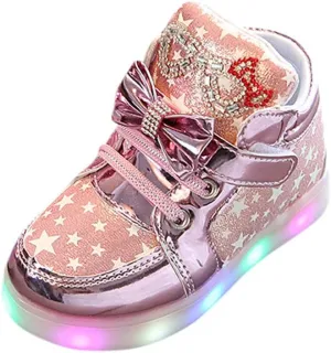 Toddler Baby Girls LED Light Up Shoes Cute Kids Star Flashing High Top Sneakers Little Girl Fashion Non Slip Boots