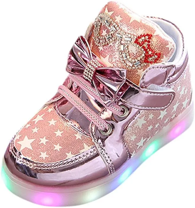 Toddler Baby Girls LED Light Up Shoes Cute Kids Star Flashing High Top Sneakers Little Girl Fashion Non Slip Boots