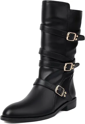 UTIKLIOU Women's Mid Calf Boots Round Toe Low Heels Boots Side Zip Wide Calf Boots Faux Leather Winter Shoes
