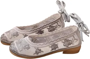 Vintage Embroidered Women Gauze Mesh Ankle Strap Ballet Flats Black Summer Comfortable Cool Walking Shoes