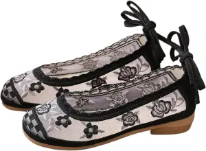 Vintage Embroidered Women Gauze Mesh Ankle Strap Ballet Flats Black Summer Comfortable Cool Walking Shoes