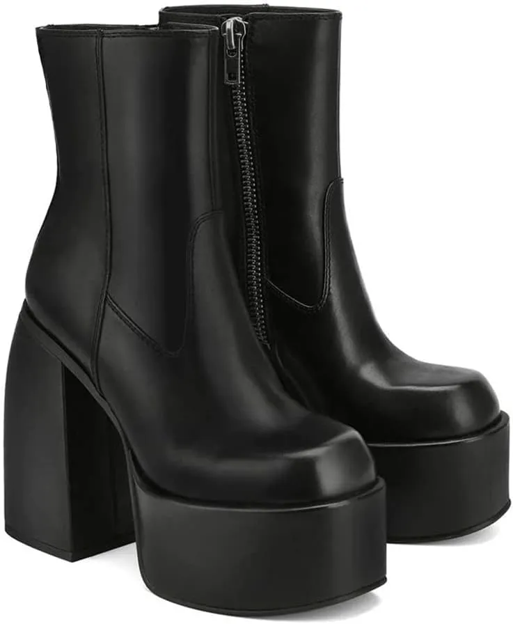 VOMIRA Ankle Boots for Women Chunky High Heel Sqaure Toe Side Zipper Pu Leather Stretch Boots Platform GoGo boots