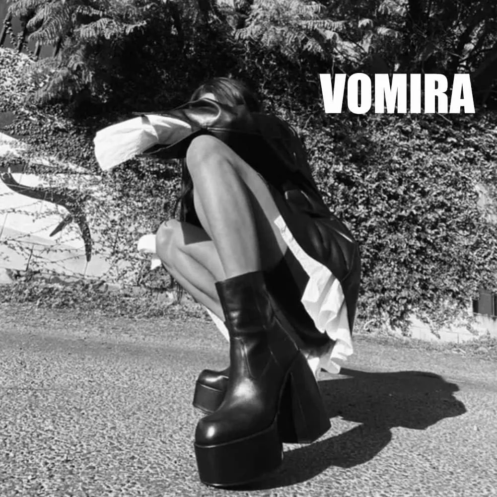VOMIRA Ankle Boots for Women Chunky High Heel Sqaure Toe Side Zipper Pu Leather Stretch Boots Platform GoGo boots